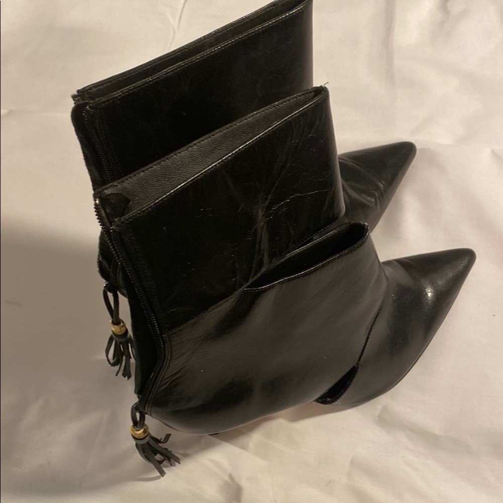 Black Heeled Boots with Pointed Toe and Strap Detail